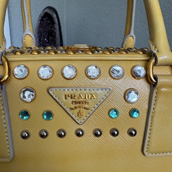 Prada Large Pyramid Top Handle Studded Vernice Saffiano Leather Handbag - Picture 11 of 15